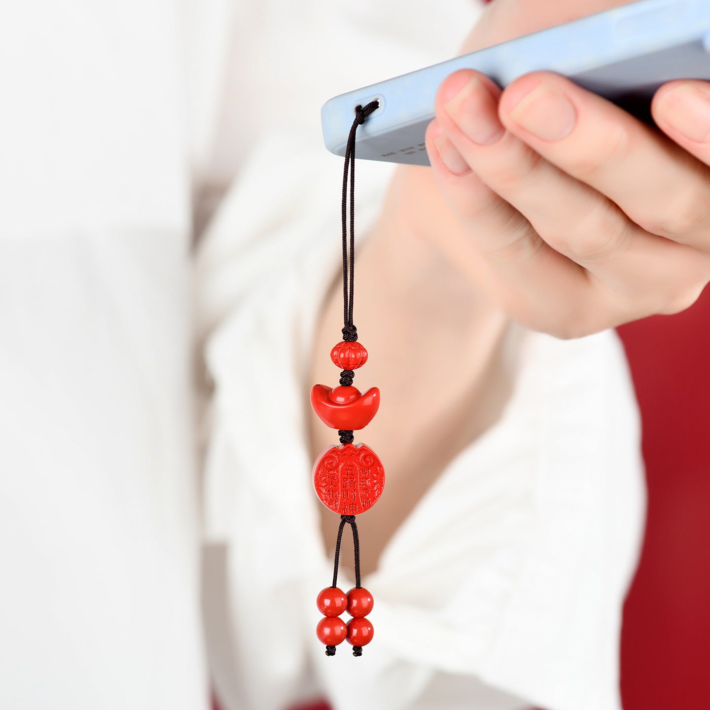 Natural Imperial Red Sand Five Directions God of Wealth Yuanbao Phone Pendant - Wealth Attraction Talisman