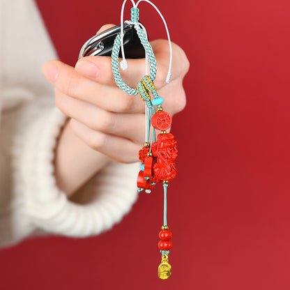 Natural Imperial Red Cinnabar Pixiu Keychain - Wealth Attracting Handwoven Amulet