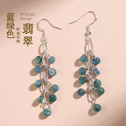 Natural Blue Green Jade Earrings with Tassel | Chinese Style Light Luxury Women's Jewelry