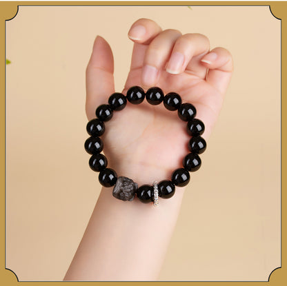 Natural Obsidian Lion Dance Bracelet - Chinese Style Unisex Couple Protection Amulet