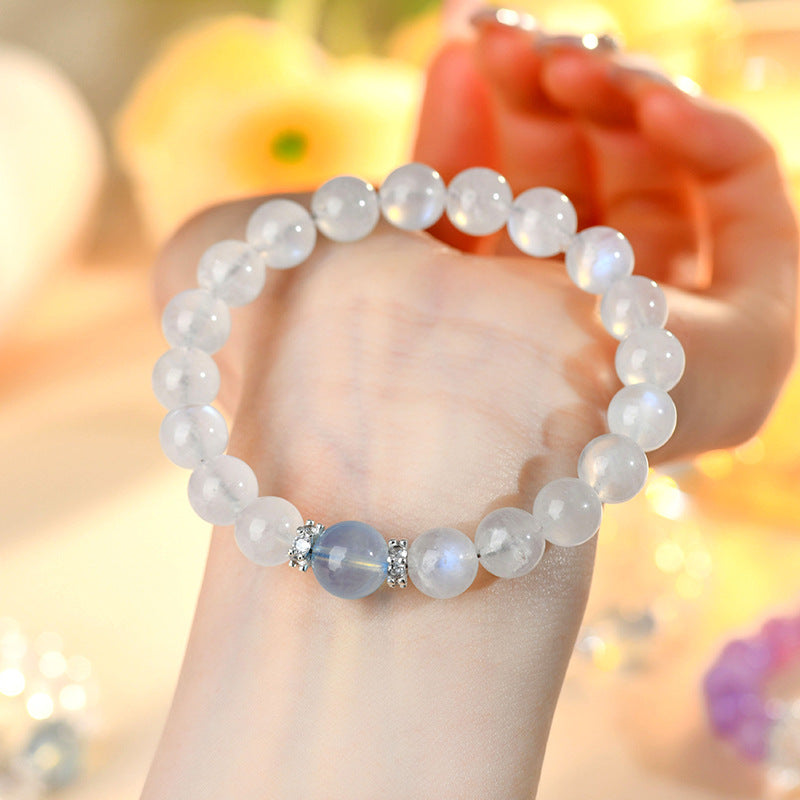 Natural Blue Moonstone Aquamarine Crystal Bracelet - Harmony Protection & Elegant Energy