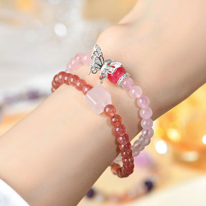 Natural Rose Quartz Strawberry Quartz Butterfly Double Circle Love Bracelet for Women