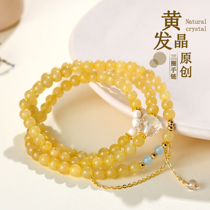 Natural Yellow Rutilated Quartz Three-Circle Bracelet | Wealth & Protection Crystal Amulet