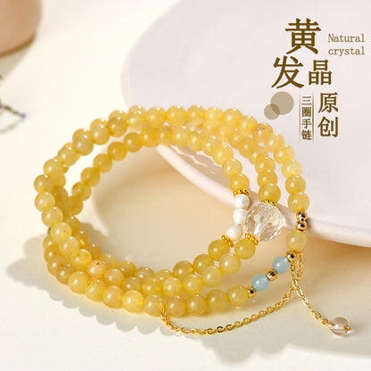 Natural Yellow Rutilated Quartz Three-Circle Bracelet | Wealth & Protection Crystal Amulet