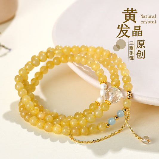 Natural Yellow Rutilated Quartz Three-Circle Bracelet | Wealth & Protection Crystal Amulet