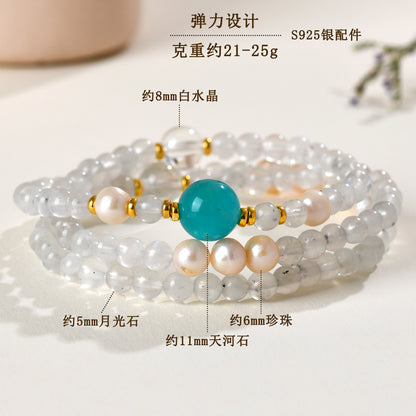 Natural Moonstone & Tianhe Stone Three-Layer Bracelet with Pearl Accents – S925 Silver Harmony Jewelry for Women