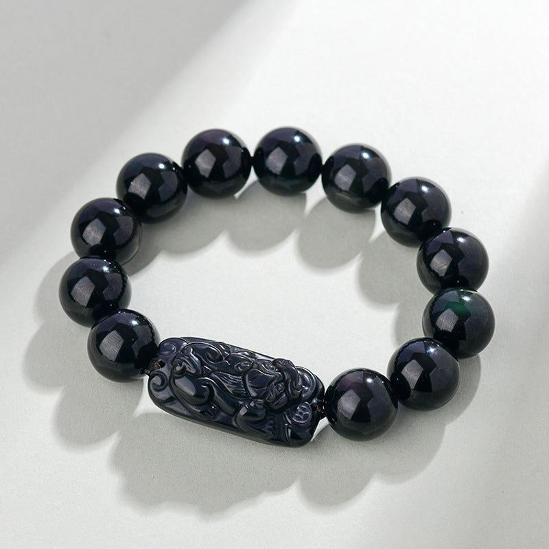 Natural Rainbow Eye Obsidian Pixiu Bracelet - Wealth and Protection Talisman for Couples