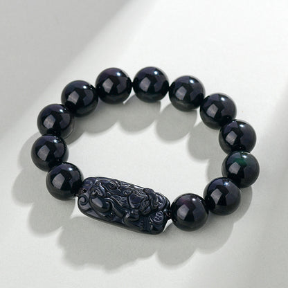 Natural Rainbow Eye Obsidian Pixiu Bracelet - Wealth and Protection Talisman for Couples