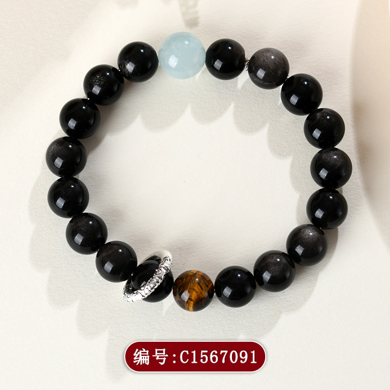 Natural Crystal Silver Obsidian Aquamarine Tiger Eye Bracelet - Women's Mystical Protection & Luck Charm