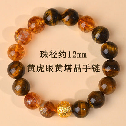 Yellow Tiger Eye Crystal Bracelet with Copper Coin Beads - Chinese Style Lucky Charm