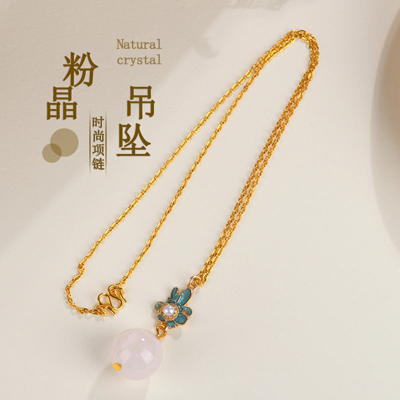 Natural Pink Quartz Ancient Craft Pendant Necklace | Chinese Ethnic Style Love Energy