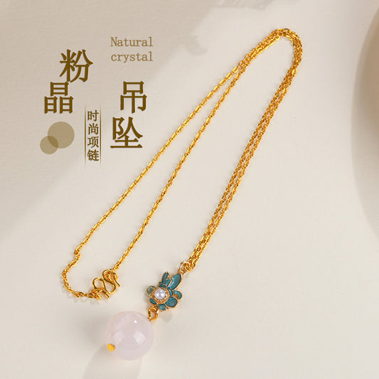 Natural Pink Quartz Ancient Craft Pendant Necklace | Chinese Ethnic Style Love Energy