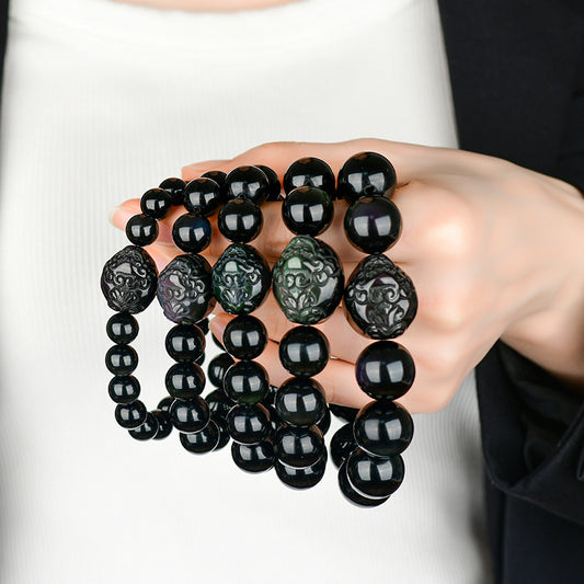 Natural Rainbow Eye Obsidian Pixiu Bracelet - Wealth and Protection Talisman for Couples