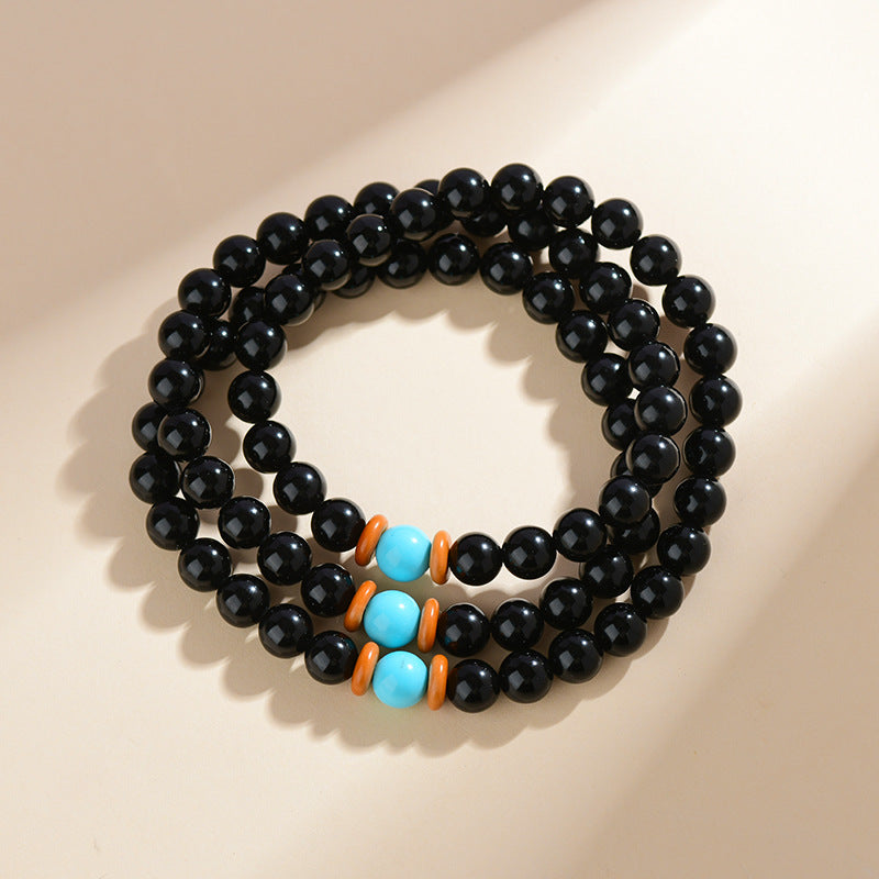 Natural Obsidian Three-Circle Bracelet with Dragon Zodiac - Spiritual Protection Beads for Men and Women