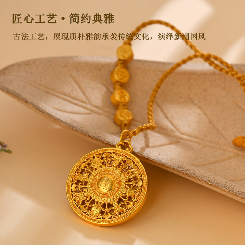 Golden Eight Treasures Compass Pendant with Fu and Swastika Charm Necklace