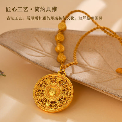 Golden Eight Treasures Compass Pendant with Fu and Swastika Charm Necklace