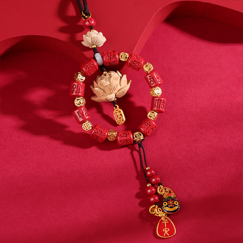 Imperial Red Cinnabar Lotus Car Hanging Ornament for Peace and Protection