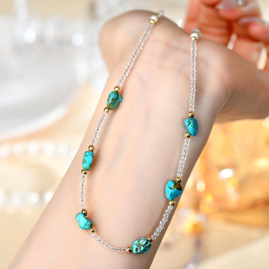 Fine-Cut White Crystal & Artificial Turquoise Collarbone Necklace | Adjustable Chain for Spiritual Harmony