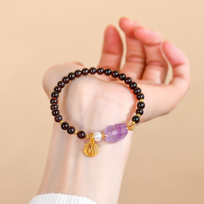 Natural Garnet Strawberry Crystal Pixiu Bracelet - Lucky Charm for Wealth and Protection
