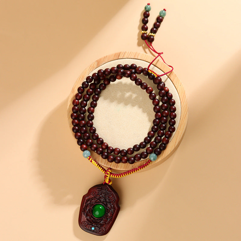 Small Leaf Red Sandalwood Double-Sided Carved Buddhist Bead Necklace - Zen Harmony & Protection