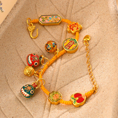 Gold-Plated Blue Enamel Gold-Swallowing Beast Family of Three Five-Way God of Wealth Hand-Woven Bracelet