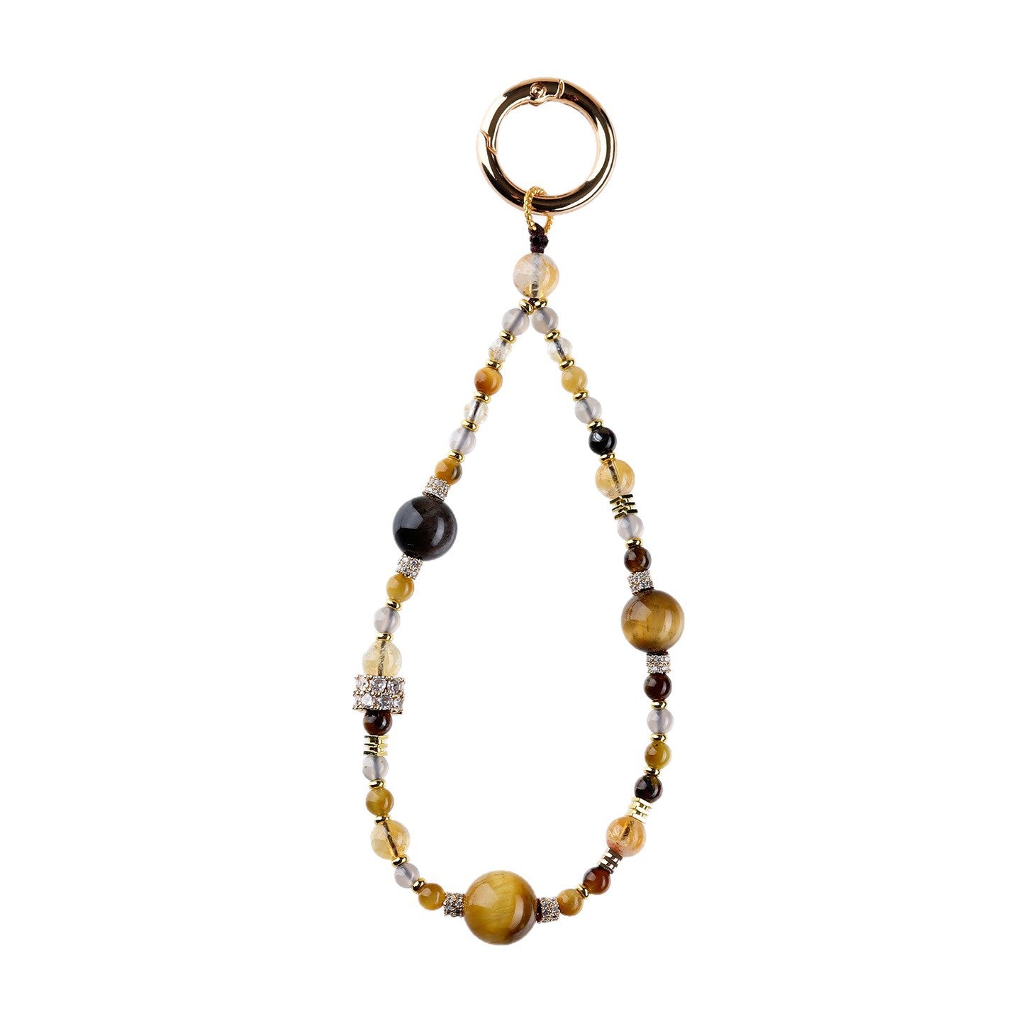 Natural Crystal Tower Keychain with Tiger Eye and Gray Agate - Wealth Protection and Good Luck Charm