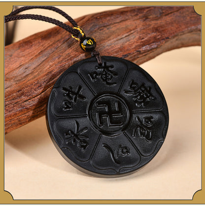 Natural Obsidian Six-Word Mantra Pendant with Swastika - Lucky Protection Amulet Necklace