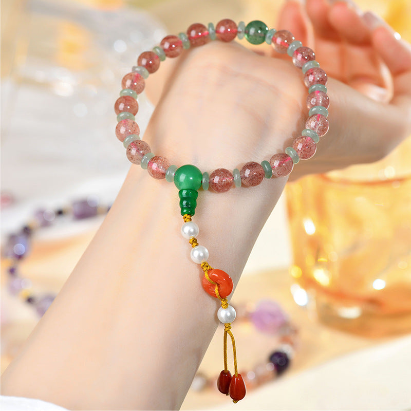 Strawberry Crystal Dongling Jade Bracelet - Natural Energy Stone for Love and Wealth