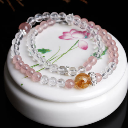 Strawberry Crystal & White Crystal Double Circle Bracelet - Peach Pink Love Charm for Women