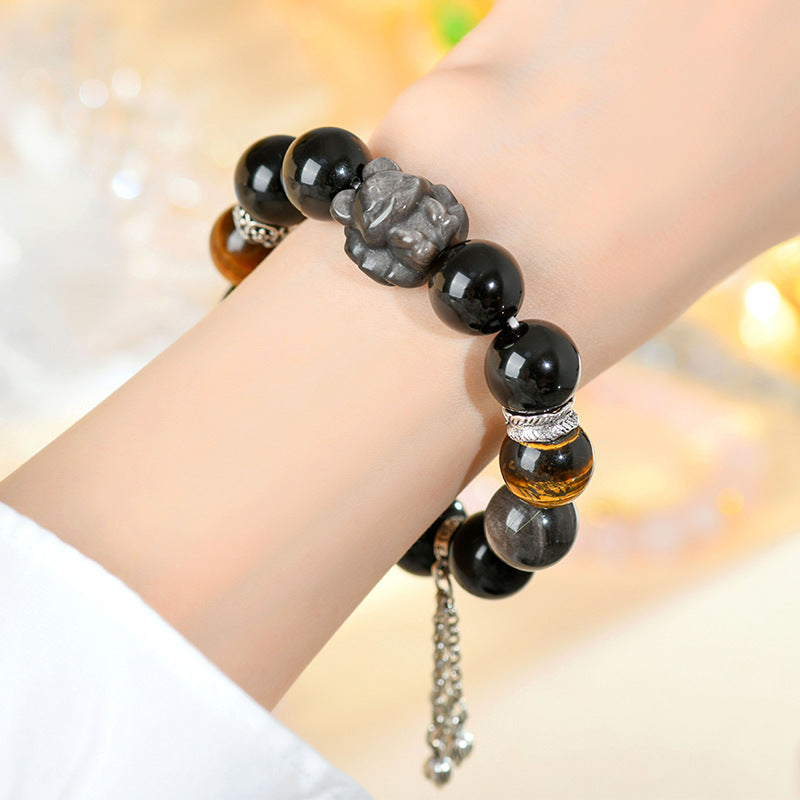 Natural Yellow Tiger Eye Silver Obsidian Nine-Tailed Fox Bracelet | Wisdom Charm Protection Couple Amulet