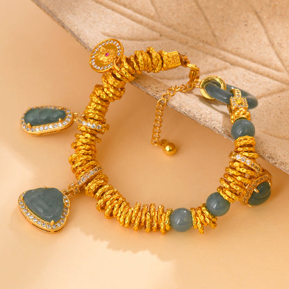 Golden Coiled Natural Jade Multi-Gem Bracelet | Wealth & Protection Talisman