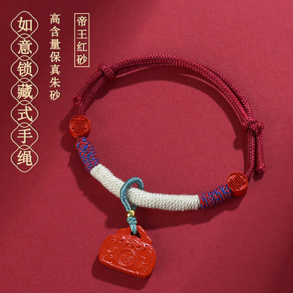 Natural Cinnabar Ruyi Lock Tibetan Bracelet - Auspicious Protection Handmade Red Rope