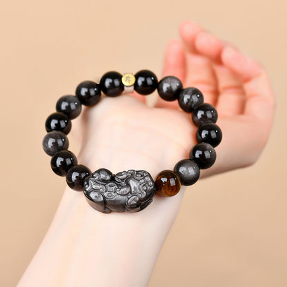 Natural Obsidian Pixiu Zodiac Buddha Bracelet - Wealth Protection Couple Gift