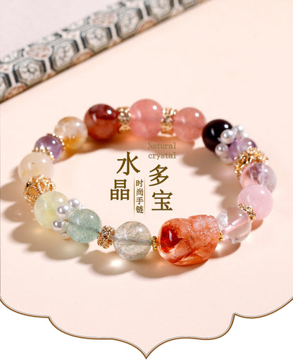 Natural Red Gum Flower Pixiu Crystal Multi-Gem Bracelet - Wealth & Protection Charm for Women