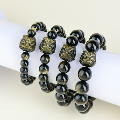 Golden Obsidian Double Color Eye Bracelet with Awakening Lion - Chinese Style Spiritual Protection Jewelry