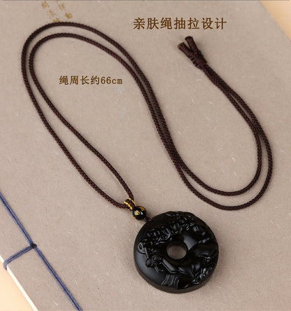 Natural Obsidian Zodiac Peace Buckle Pendant | Spiritual Protection & Fortune Necklace