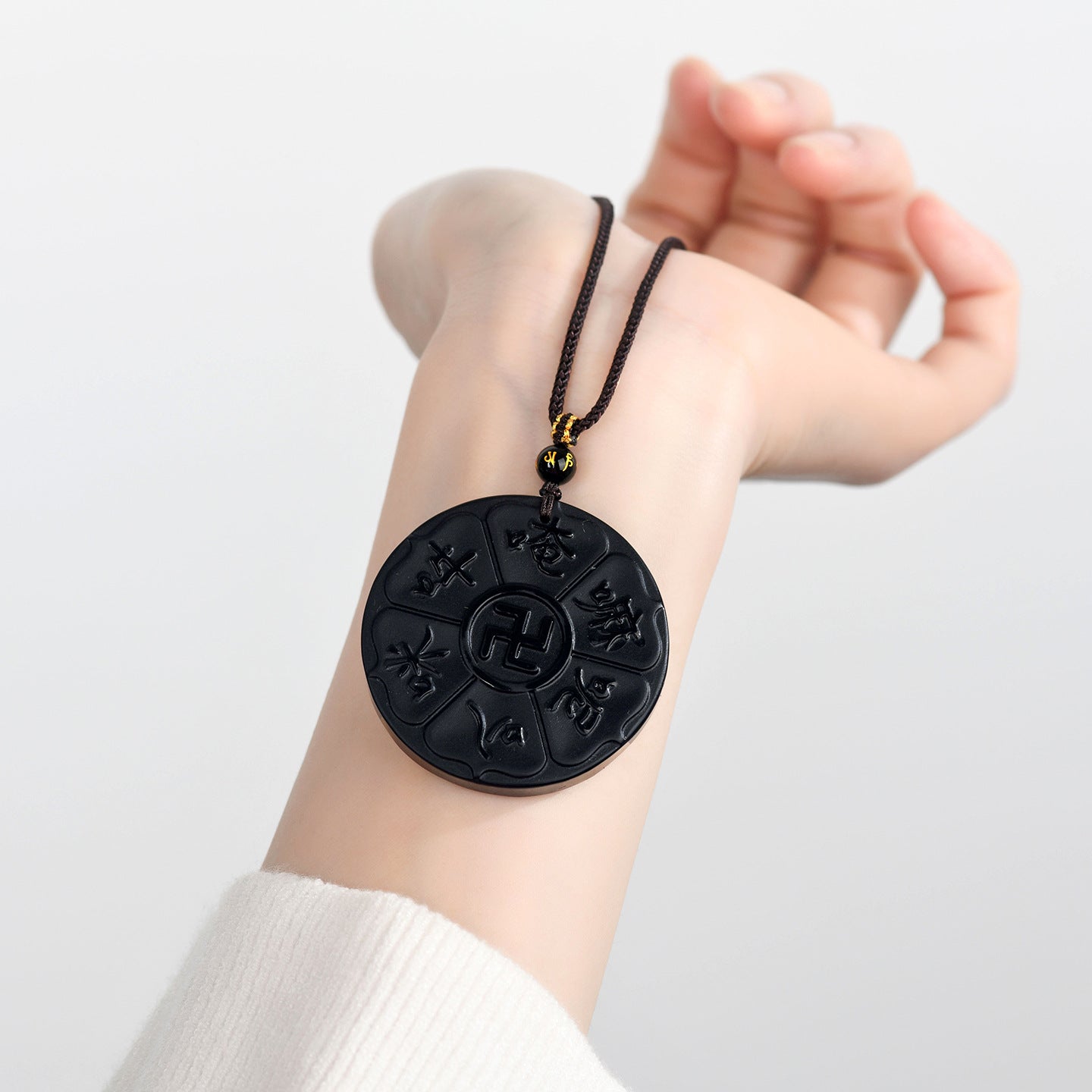 Natural Obsidian Six-Word Mantra Pendant with Swastika - Lucky Protection Amulet Necklace