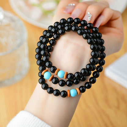 Natural Obsidian Three-Circle Bracelet with Dragon Zodiac - Spiritual Protection Beads for Men and Women