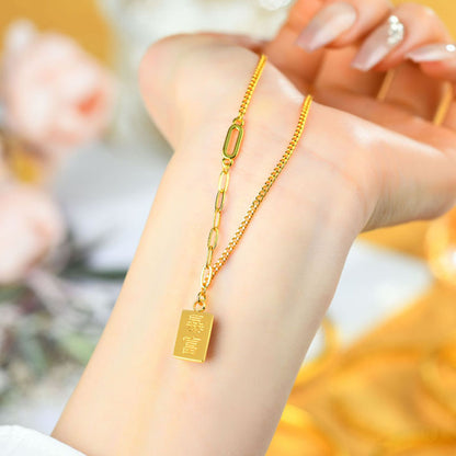 Golden Wealth Brick Pendant Necklace | Elegant Clavicle Chain for Prosperity and Luck