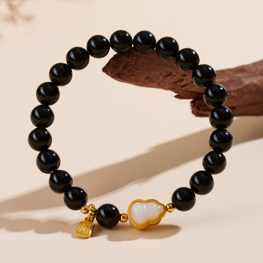 Natural Obsidian Gourd Fortune Bracelet | Wealth & Protection Amulet