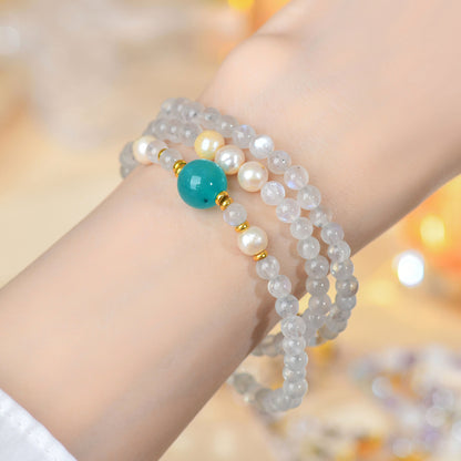 Natural Moonstone & Tianhe Stone Three-Layer Bracelet with Pearl Accents – S925 Silver Harmony Jewelry for Women