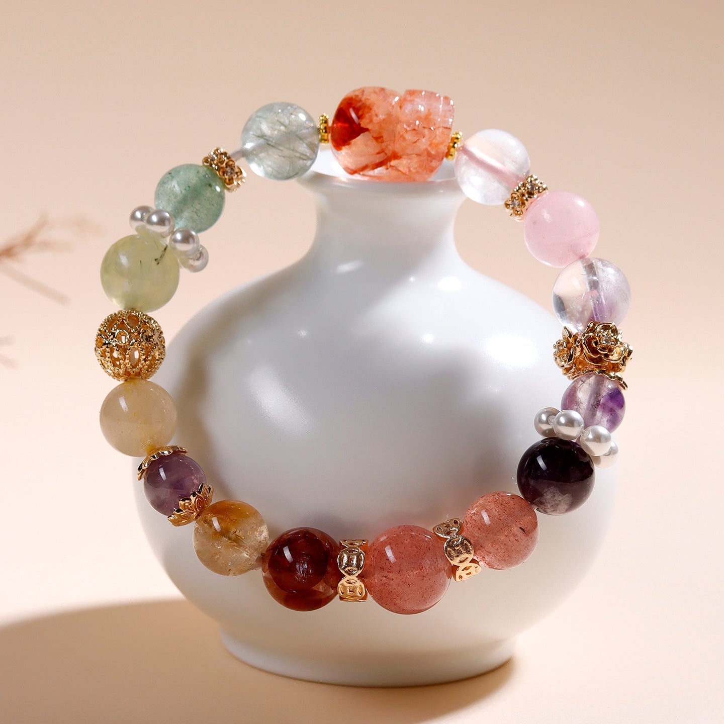 Natural Red Gum Flower Pixiu Crystal Multi-Gem Bracelet - Wealth & Protection Charm for Women