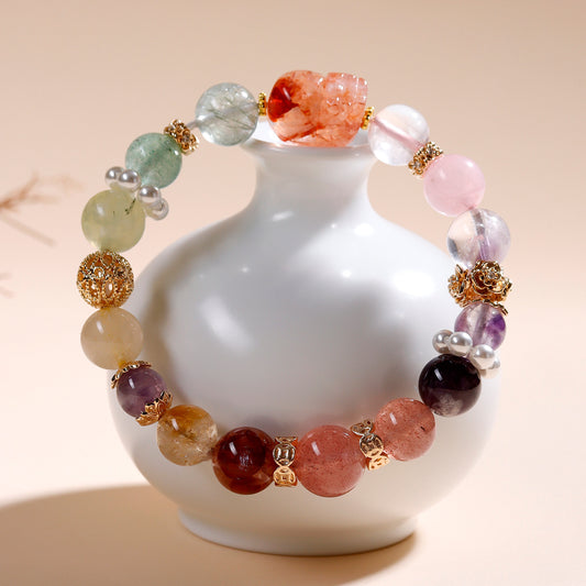 Natural Red Gum Flower Pixiu Crystal Multi-Gem Bracelet - Wealth & Protection Charm for Women