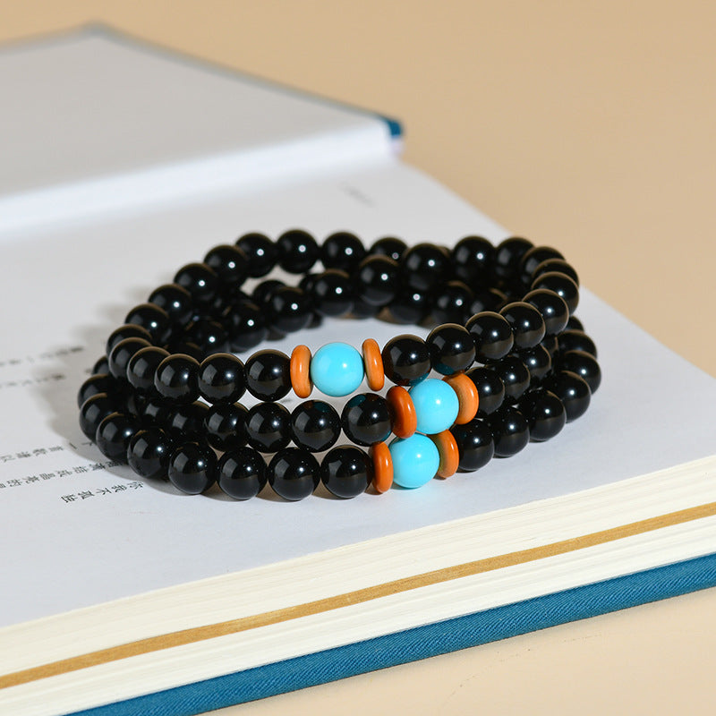 Natural Obsidian Three-Circle Bracelet with Dragon Zodiac - Spiritual Protection Beads for Men and Women