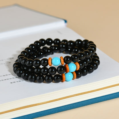 Natural Obsidian Three-Circle Bracelet with Dragon Zodiac - Spiritual Protection Beads for Men and Women