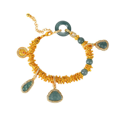 Golden Coiled Natural Jade Multi-Gem Bracelet | Wealth & Protection Talisman