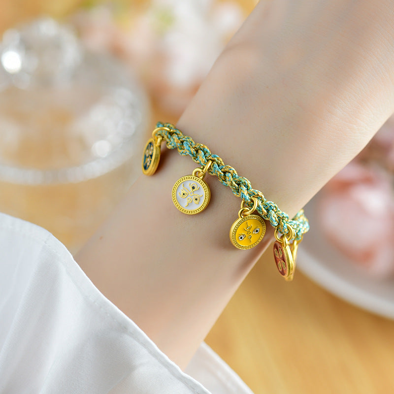 Handwoven Peach Blossom Knot Five-Way God of Wealth Tibetan Thangka Bracelet for Prosperity