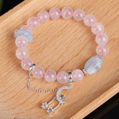Natural Pink Quartz Aquamarine Starry Moon Love Bracelet | Irregular Crystal Design for Women