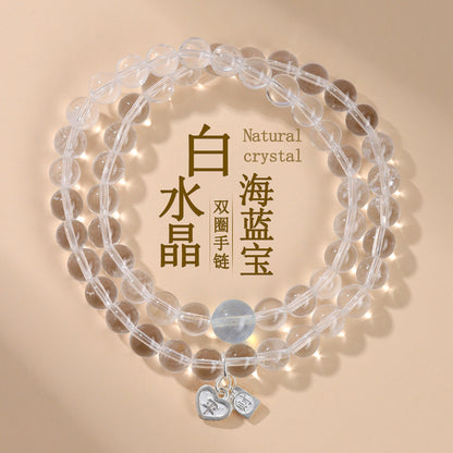 White Crystal Aquamarine Double Circle Bracelet - S925 Silver Chinese Style Elegance