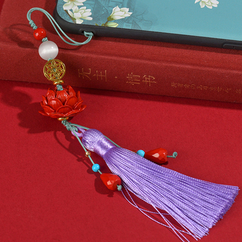 Natural Cinnabar Lotus Tassel Pendant - Protective Charm for Phone, Keychain & Bag